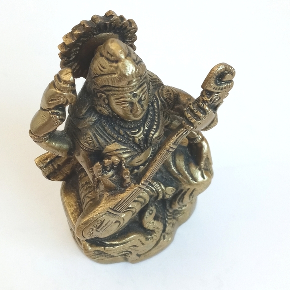 Antique Vintage Brass Hindu Goddess Saraswati Sculpture / 4” Figurine - Picture 6 of 15